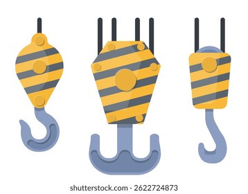 Hooks hoisting cranes different shapes and purposes. Lifting machinery. Construction site. Freight loading. Striped metal hanger. Industrial pulley cable. Vector building