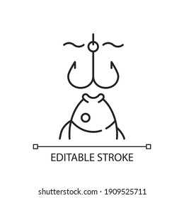 Hooks Linear Icon. Fish Try To Bite Hook. Fish Ate The Bait Got Hooked. Process Of Catching Fish. Thin Line Customizable Illustration. Contour Symbol. Vector Isolated Outline Drawing. Editable Stroke