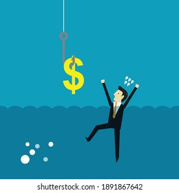 Hooks with money as bait, Vector illustration in flat style