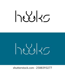 Hooks word logo with fishing hooks as a letters o and o. Line style elegant lettering symbol with idea of interweaved hooks. Editable stroke.