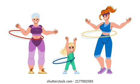 Hoola Hoop Vektor. Hula Ring Frau Mädchen, Sport Familie, Park Fitness-Hoola Hoop Charakter. Menschen mit flacher Zeichentrickdarstellung