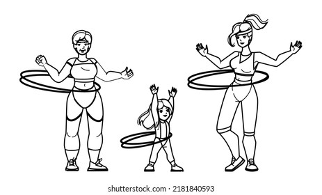 Hoola Hoop Vector. Hula Ring Woman Girl, Sport Family, Park Fitness Hoola Hoop Character. People Black Line Pencil Drawing Vector Illustration