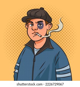 Hooligan bully man with black eye pinup pop art retro vector illustration. Comic book style imitation.