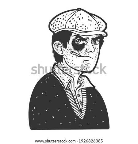 Hooligan bully man with black eye sketch engraving vector illustration. T-shirt apparel print design. Scratch board imitation. Black and white hand drawn image.