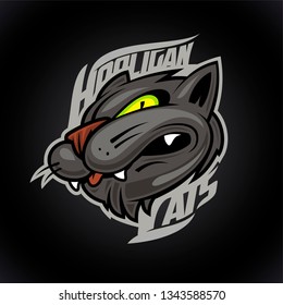 Hooligan cats vector logo design concept on dark background, sport infographic team pictogram, t-shirt tee print