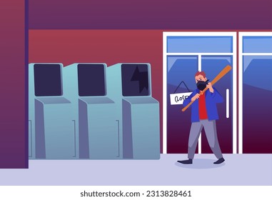 Hooligan with face mask beating ATM or slot machine with bat, flat vector illustration. Aggressive teenage vandal crushing and damaging public property.