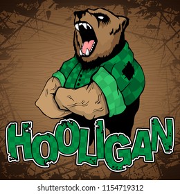 hooligan-bear on a wooden background.