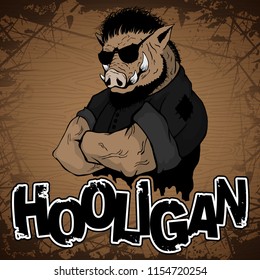 hooligan-boar image on a wooden background.