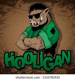 hooligan-boar image on a wooden background.