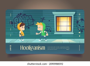 Hooliganism cartoon landing page, teenagers drawing graffiti on building, kids making inscription. Teens vandals in ghetto, young hooligans, ruffian, street artists, rowdy characters Vector web banner svg
