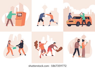 El vandalismo aisló las composiciones con vándalos de la ciudad causando daños físicos y morales a los transeúntes y la propiedad de ilustraciones vectoriales planas
