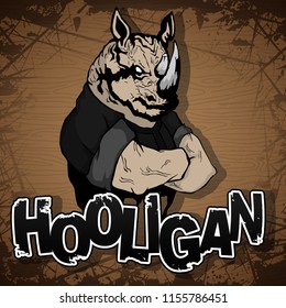 hooligan-rhinoceros image on a wooden background.