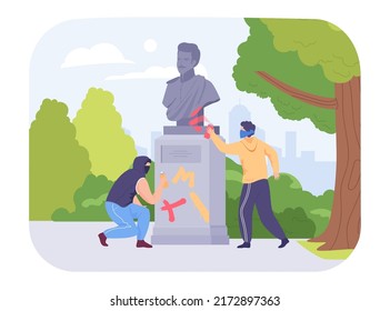 Hooligans or bandits drawing graffiti on monument in city park. Cartoon male teenagers damaging statue flat vector illustration. Vandalism, crime concept for banner, website design or landing web page