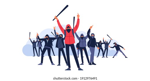 Hooligans with a bat and a Molotov cocktail attack and fight  during riots on the street city. Protesters throw stones and smoke bombs at police officers. Flat vector illustration.