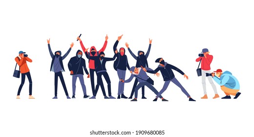 Hooligans, Protesters throws stones toward police during street riots. Photographers or paparazzi taking photo. Journalists, reporters making pictures battle. Cartoon flat style vector illustration.