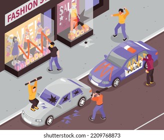 Hooligans vandals with bats and spray paint damaging shop window and cars 3d isometric vector illustration