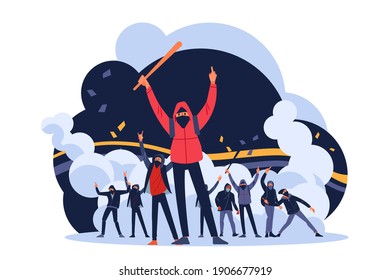 Manifestantes hooligans lanzan piedras y bombas de humo a la policía durante los disturbios en las calles de la ciudad. Personajes masculinos con un murciélago y un ataque y lucha con cócteles Molotov. Ilustración vectorial plana.