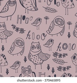 Hooo Seamless Vector pattern. Cute owls, florals and hand lettering 