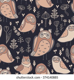 Hooo Seamless Vector pattern. Cute owls, florals and mushrooms