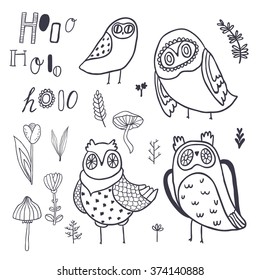 Hooo vector set. Cute owls, florals, mushrooms and hand lettering
