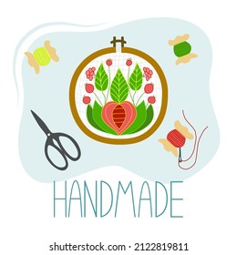 Hoop embroidery, handmade. Vector illustration of the workplace of the one who embroiders. Handwork, hobby, additional income