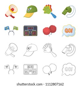 Hoop with flags and other attributes of the fans.Fans set collection icons in cartoon,outline style vector symbol stock illustration web.