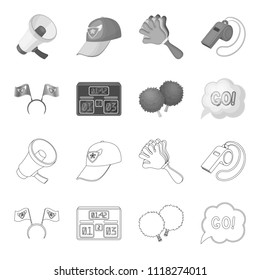 Hoop with flags and other attributes of the fans.Fans set collection icons in outline,monochrome style vector symbol stock illustration web.