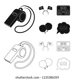 Hoop with flags and other attributes of the fans.Fans set collection icons in black,outline style vector symbol stock illustration web.