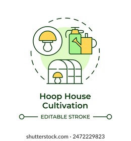 Hoop house cultivation multi color concept icon. Mushroom farming technique. Hoop greenhouse. Mushroom production. Round shape line illustration. Abstract idea. Graphic design. Easy to use in article