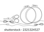 Hoop, scissors and thread. Set for embroidery. World Embroidery Day. One line drawing for different uses. Vector illustration.