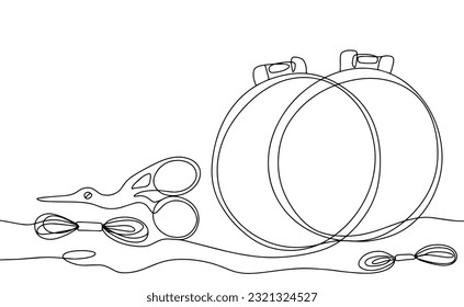Hoop, scissors and thread. Set for embroidery. World Embroidery Day. One line drawing for different uses. Vector illustration.
