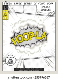 Hoop-la. Explosion in comic style with lettering and realistic puffs smoke. 3D pop art speech bubble. Vector graphics CMYK