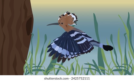 Hoopoe bird flies to a hollow in a tree in the forest, vector illustration EPS10