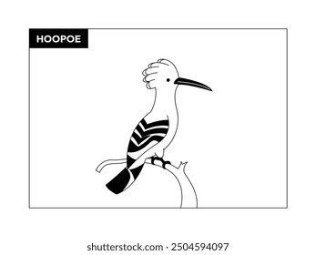 Hoopoe bird has a small and long beak and thick feathers on the head, black and white, outline, vector illustration.