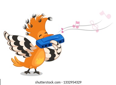 Hoopoe bird playing mouth organ cartoon vector illustration