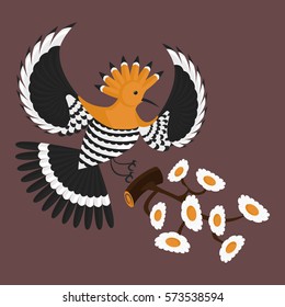 Hoopoe. Hoopoe on a branch. Hoopoe flies. Bird on a branch.