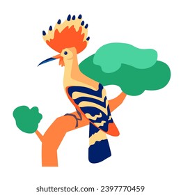 Hoopoe on a branch - modern flat design style single isolated image. Neat detailed illustration of beautiful exotic bird with a bright crest and plumage. Fauna of Israel, wildlife and ornithology idea