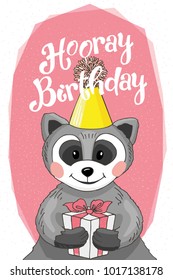 Hooray Birthday - greeting, invitation card template with hand drawn illustration of raccoon