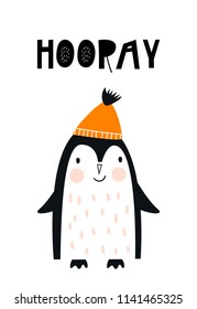 Hooray - Cute hand drawn nursery poster with penguin animal and hand drawn lettering. Vector illustration in scandinavian style.