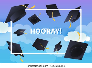 Hooray festive banner design. Text in frame and flying graduation hats on blue cloudy background. Illustration can be used for posters, banners, commencement ceremony