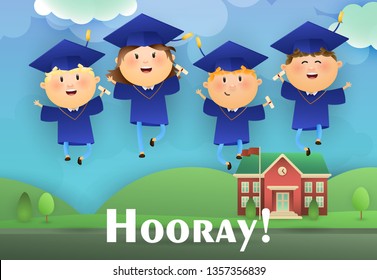 Hooray graduation poster design. Joyful graduates wearing mortarboards and gowns, college and lawn in background. Illustration can be used for banners, flyer, commencement ceremony
