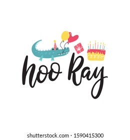 hooray hand lettering with crocodile with balloons and cake clip art. Birthday sublimation print design. Birthday, anniversary, graduation party vector clipart