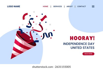 Hooray Independence Day Confetti Popper web page banner template. Independence Day USA Website design. Ideal for holiday 4th of July promotion. Vector background 