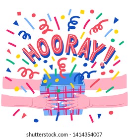 Hooray lettering. Hooray card,vector illustration. The concept of a birthday, a holiday. A gift in the hand.
