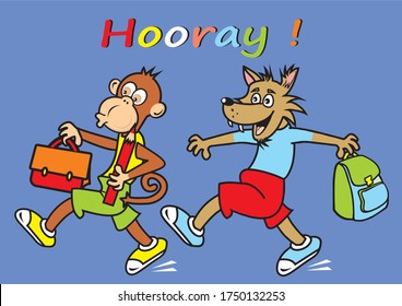 Hooray, monkey and  wolf, humorous vector illustration on blue background