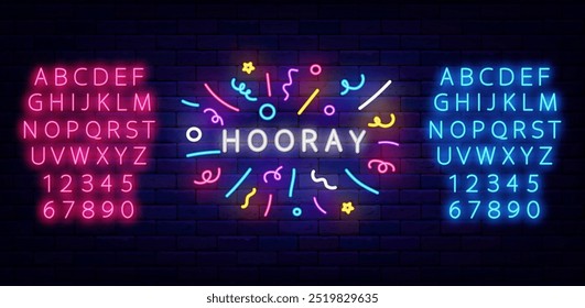 Hooray neon label with confetti firework. Winning celebration. Shopping offer. Light pink and blue alphabet. Shiny poster. Glowing flyer. Surprise sign. Vector stock illustration