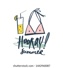 Hooray summer, starter pack clothing. Two piece swimsuit. Handdrawn cute lettering text. Vector illustration.