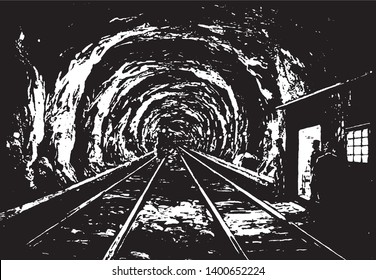 Hoosac Tunnel lit by glow lamps after the plan of the Marr Construction Company, vintage line drawing or engraving illustration.