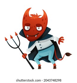 Hooved Devil with Horns and Tail Holding Trident as Halloween Character Vector Illustration