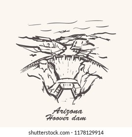 Hoover Dam Hand Draw,Arizona Sketch Vector Illustration